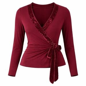 Boden Burgundy Velvet Trim Wrap Long Sleeve Top Size 12 Casual Women Valentines